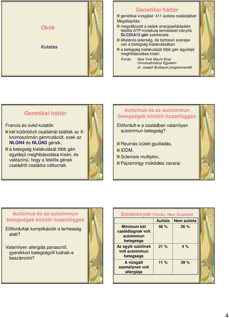 Joseph Buxbaum programvezető Genetikai háttér Francia és svéd kutatók: két különböző családnál találtak az X- kromoszómán génmutációt, ezek az NLGN4 és NLGN3 gének, a betegség kialakulását több gén