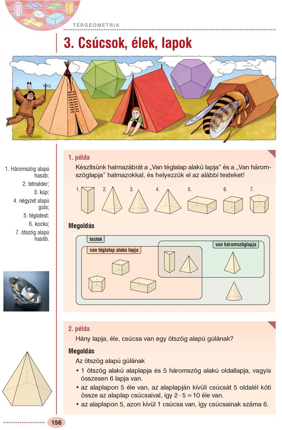 z ötszög alapú gúlának 1 ötszög alakú alaplapja és háromszög alakú oldallapja, vagyis összesen lapja van.