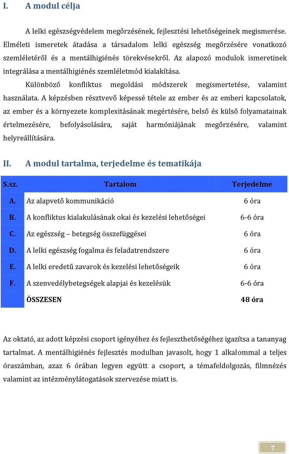 Az alapozó modulok ismeretinek integrálása a mentálhigiénés szemléletmód kialakítása. Különböző konfliktus megoldási módszerek megismertetése, valamint használata.