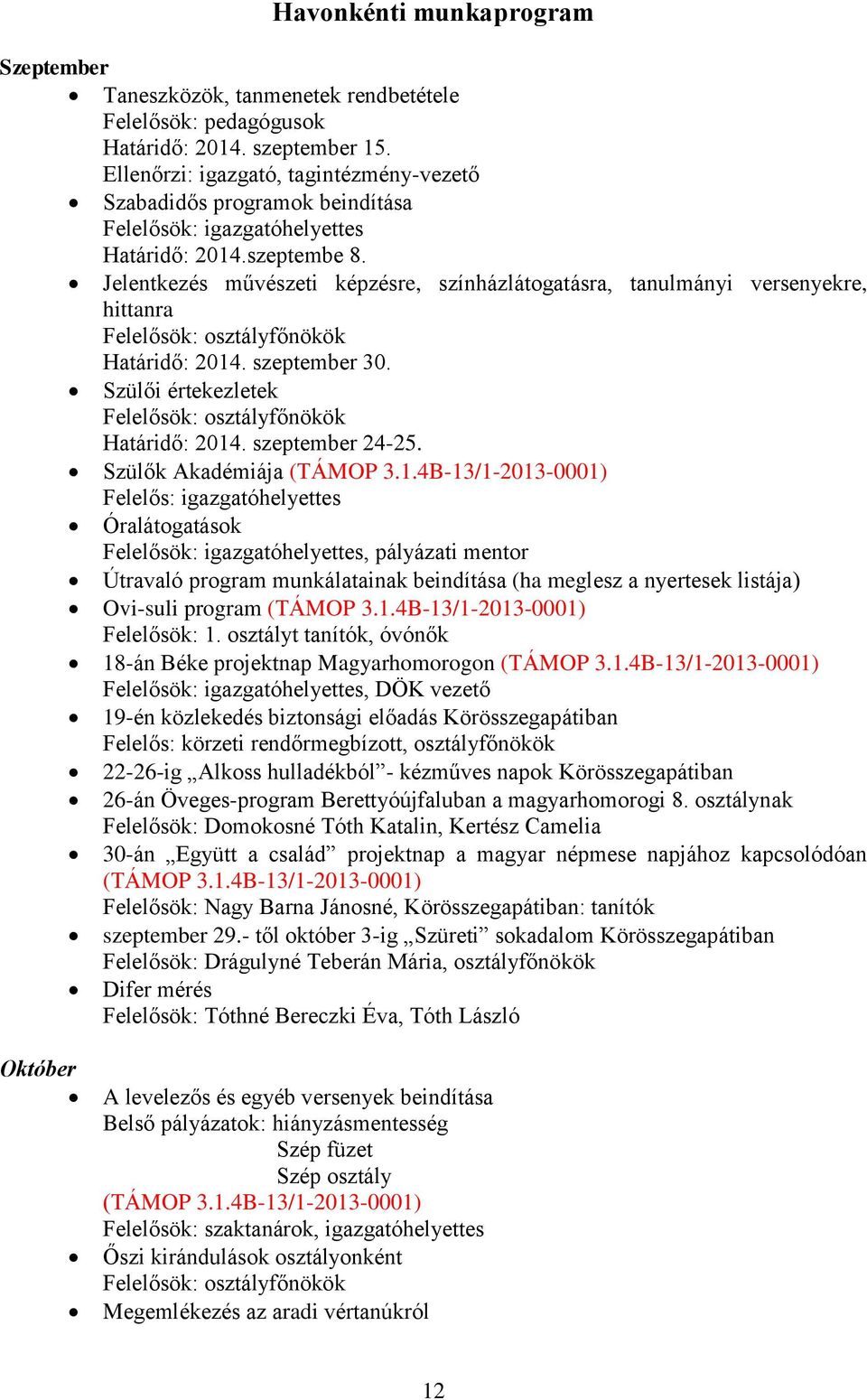 Jelentkezés művészeti képzésre, színházlátogatásra, tanulmányi versenyekre, hittanra Felelősök: osztályfőnökök Határidő: 2014. szeptember 30.