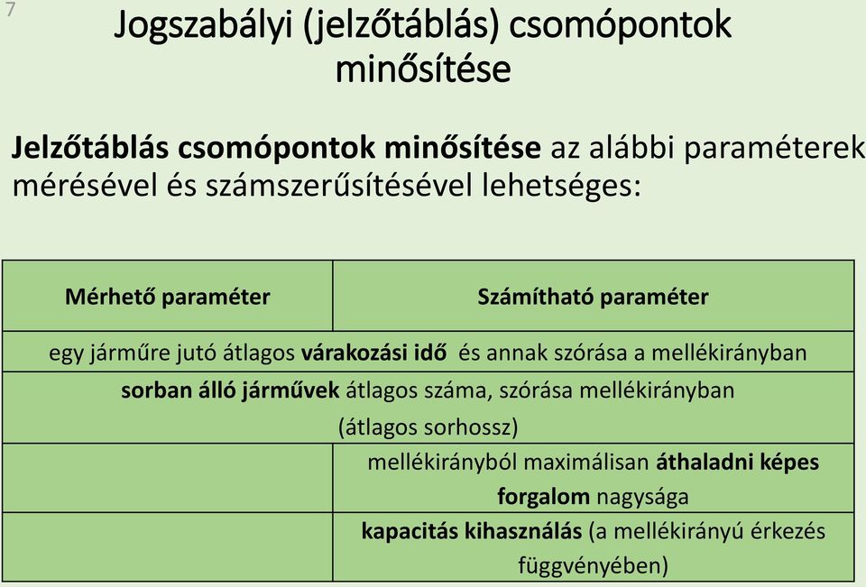 várakozási idő és annak szórása a mellékirányban sorban álló járművek átlagos száma, szórása mellékirányban