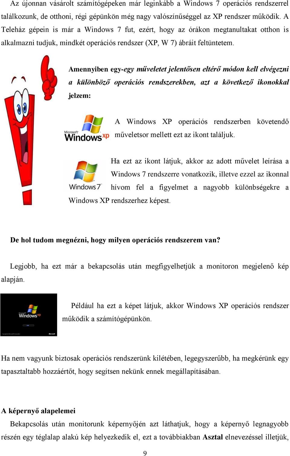 Amennyiben egy-egy műveletet jelentősen eltérő módon kell elvégezni a különböző operációs rendszerekben, azt a következő ikonokkal jelzem: A Windows XP operációs rendszerben követendő műveletsor