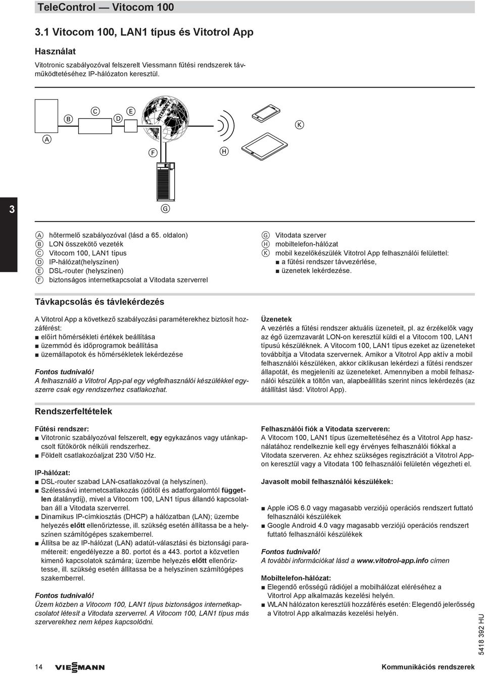 oldalon) B LON összekötő vezeték C Vitocom 100, LAN1 típus D IP-hálózat(helyszínen) E DSL-router (helyszínen) F biztonságos internetkapcsolat a Vitodata szerverrel G Vitodata szerver H