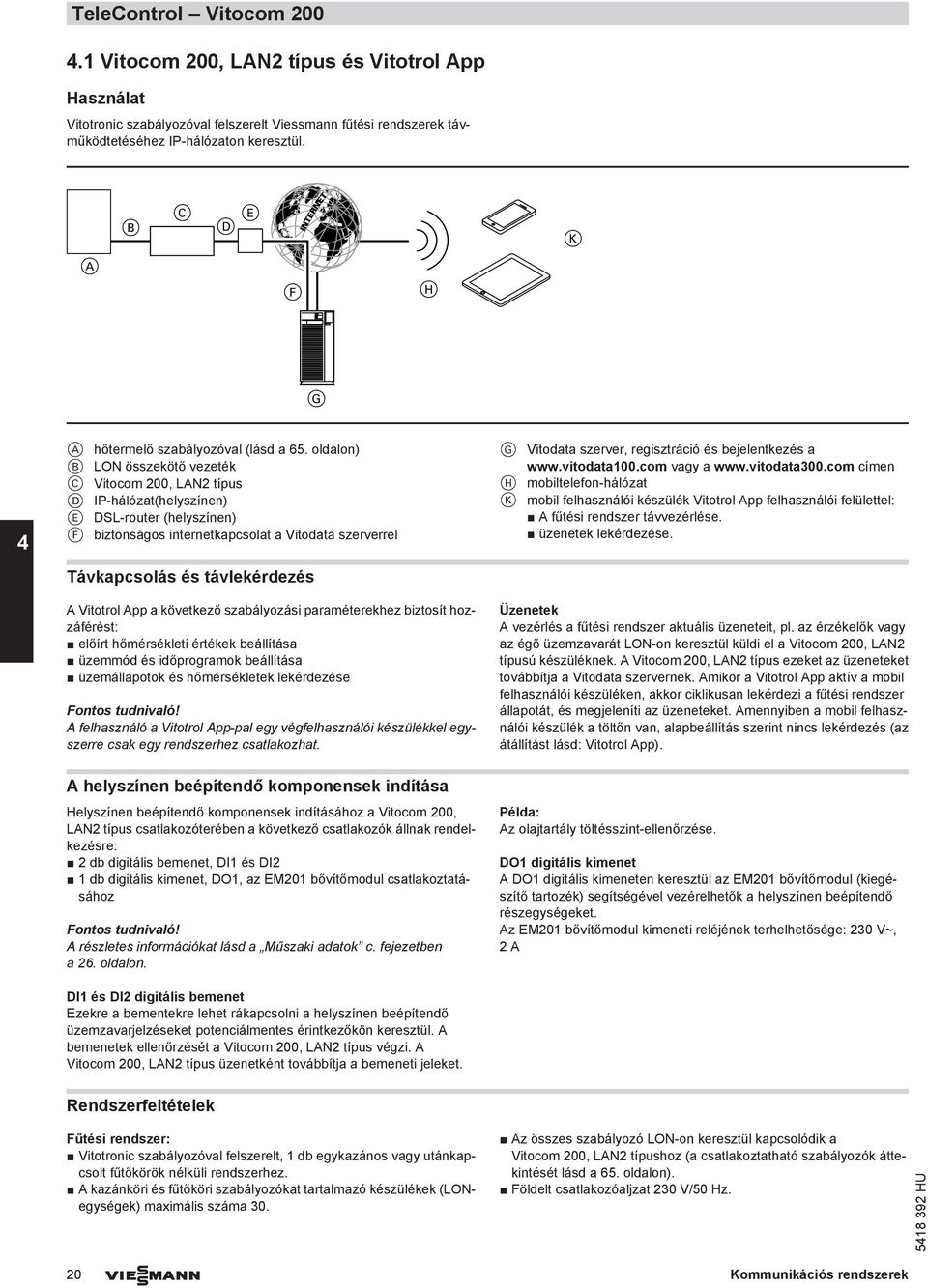 oldalon) B LON összekötő vezeték C Vitocom 200, LAN2 típus D IP-hálózat(helyszínen) E DSL-router (helyszínen) F biztonságos internetkapcsolat a Vitodata szerverrel Távkapcsolás és távlekérdezés A