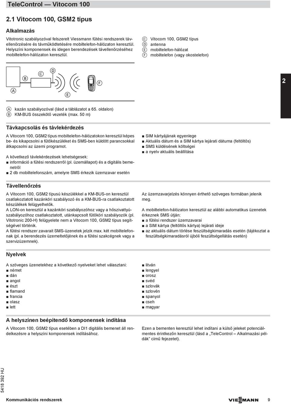 C Vitocom 100, GSM2 típus D antenna E mobiltelefon-hálózat F mobiltelefon (vagy okostelefon) A B C D E F 2 A kazán szabályozóval (lásd a táblázatot a 65. oldalon) B KM-BUS összekötő vezeték (max.