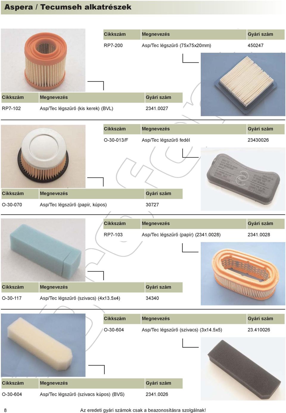 légszûrõ (papír) (2341.0028) 2341.0028 O-30-117 Asp/Tec légszûrõ (szivacs) (4x13.