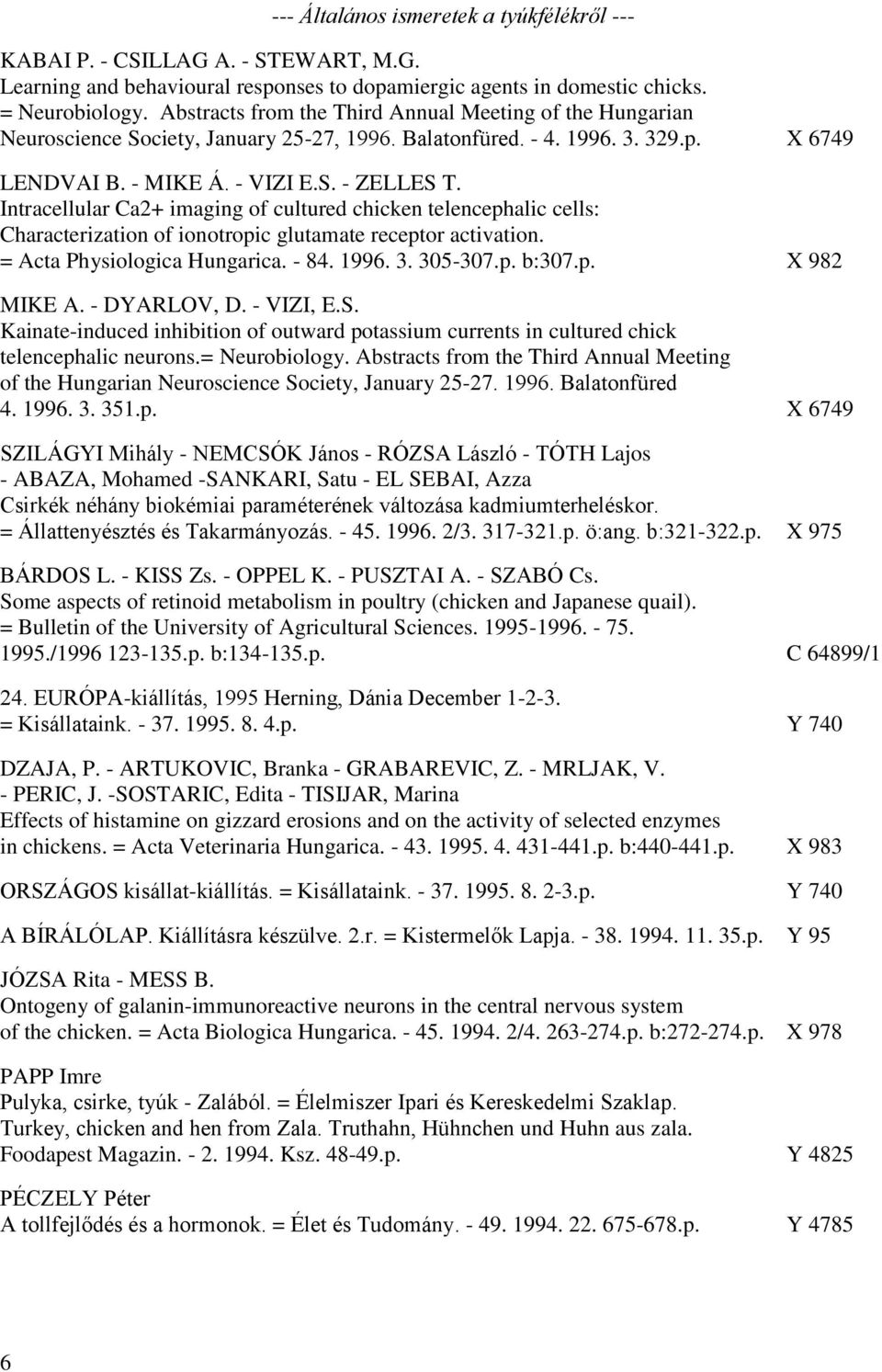 Intracellular Ca2+ imaging of cultured chicken telencephalic cells: Characterization of ionotropic glutamate receptor activation. = Acta Physiologica Hungarica. - 84. 1996. 3. 305-307.p. b:307.p. X 982 MIKE A.