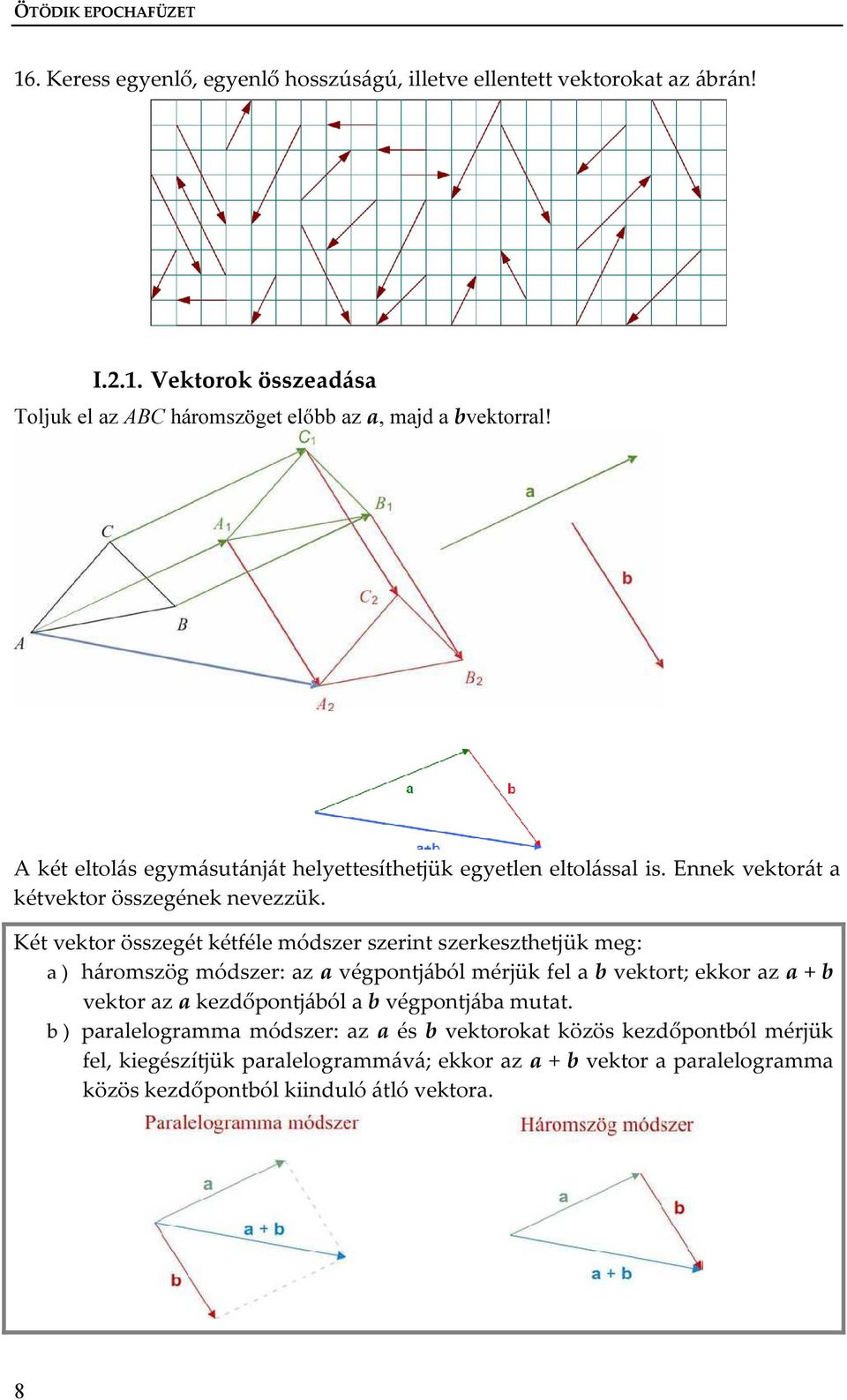 Két vektor összegét kétféle módszer szerint szerkeszthetjük meg: a ) háromszög módszer: az a végpontjából mérjük fel a b vektort; ekkor az a + b vektor az a kezdőpontjából