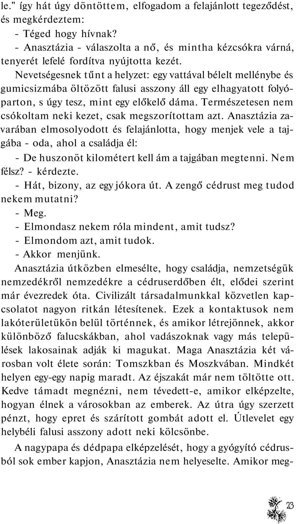 Nevetségesnek tűnt a helyzet: egy vattával bélelt mellénybe és gumicsizmába öltözött falusi asszony áll egy elhagyatott folyóparton, s úgy tesz, mint egy előkelő dáma.