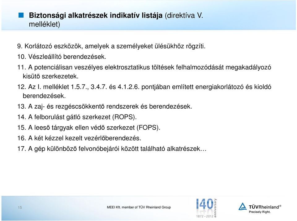 7., 3.4.7. és 4.1.2.6. pontjában említett energiakorlátozó és kioldó berendezések. 13. A zaj- és rezgéscsökkentő rendszerek és berendezések. 14.