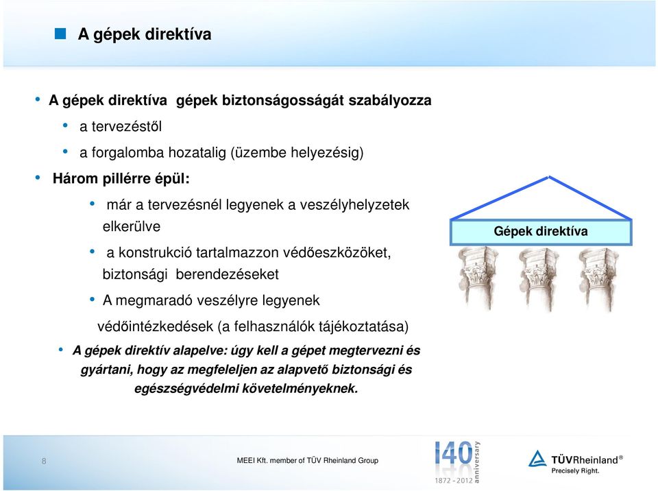 biztonsági berendezéseket Gépek direktíva A megmaradó veszélyre legyenek védőintézkedések (a felhasználók tájékoztatása) A gépek