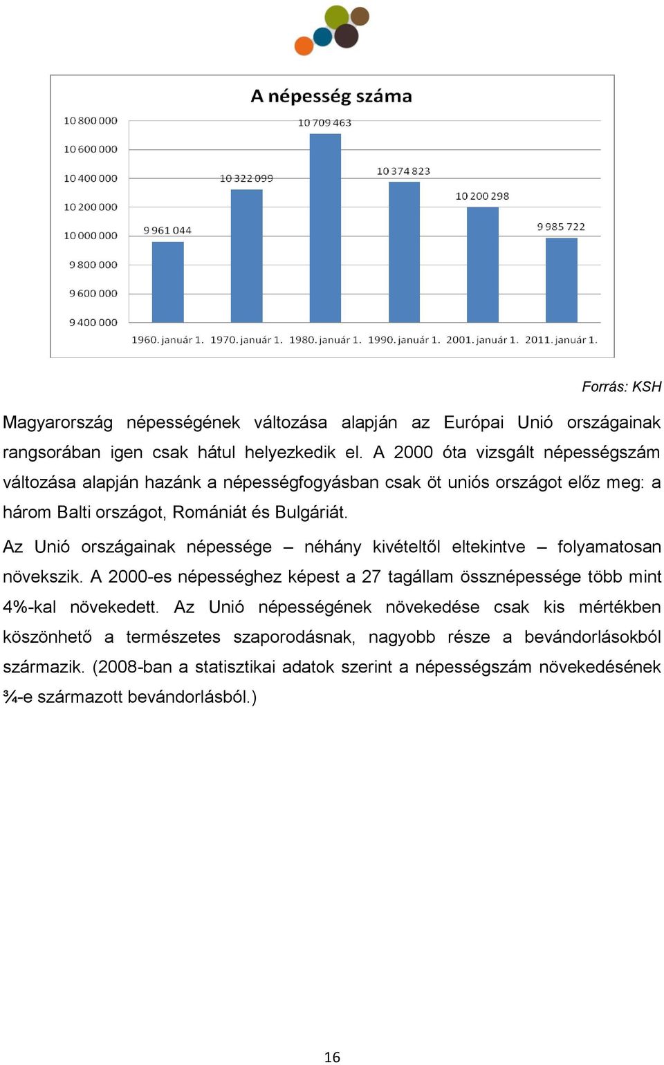 Az Unió országainak népessége néhány kivételtől eltekintve folyamatosan növekszik. A 2000-es népességhez képest a 27 tagállam össznépessége több mint 4%-kal növekedett.