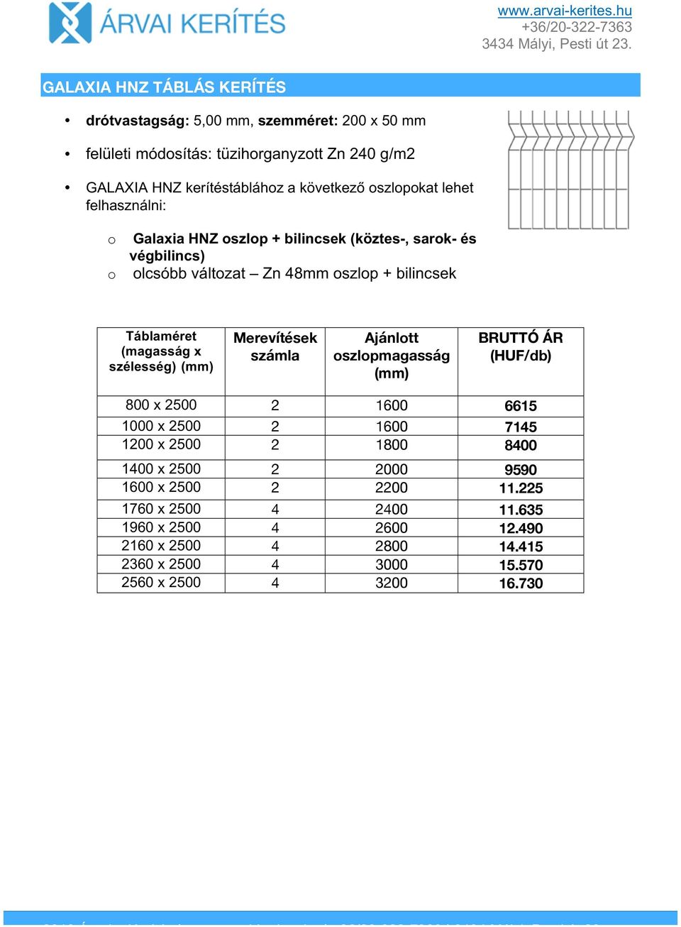 számla Ajánlott oszlopmagasság BRUTTÓ ÁR 800 x 2500 2 1600 6615 1000 x 2500 2 1600 7145 1200 x 2500 2 1800 8400 1400 x 2500 2 2000 9590 1600 x 2500 2 2200 11.