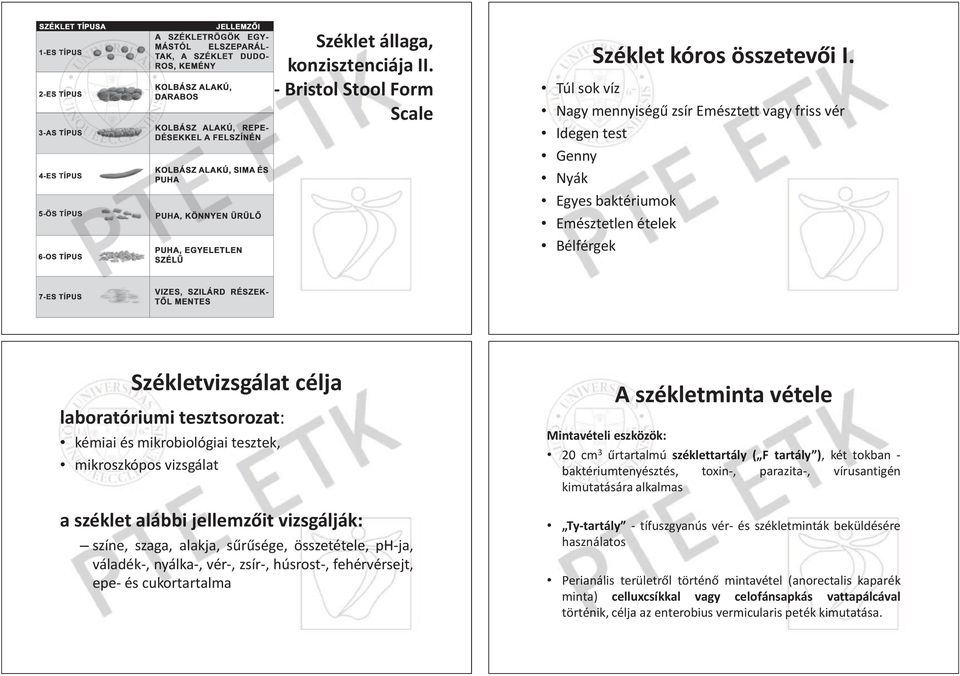 mikrobiológiai tesztek, mikroszkópos vizsgálat a széklet alábbi jellemz it vizsgálják: színe, szaga, alakja, s sége, összetétele, ph-ja, váladék-, nyálka-, vér-, zsír-, húsrost-, fehérvérsejt, epe-