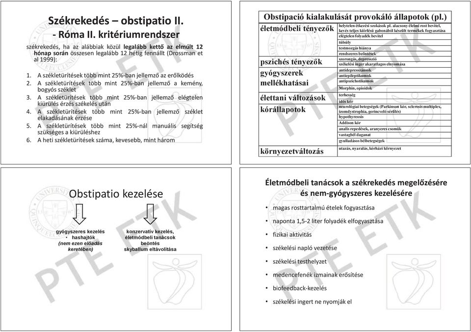 fogyasztása elégtelen folyadék bevitel túlsúly testmozgás hiánya rendszeres beöntések ek szorongás, depresszió esszió székelési inger akaratlagos aratlagos elnyomása antidepresszánsok