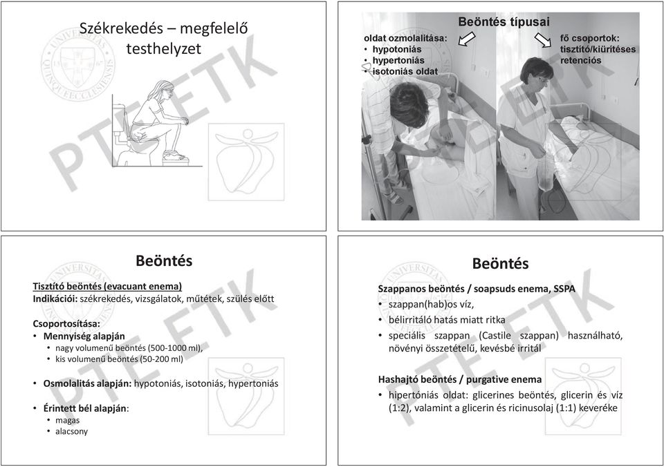 alapján: hypotoniás, isotoniás, hypertoniás Érintett bél alapján: magas alacsony Szappanos beöntés / soapsuds enema, SSPA szappan(hab)os víz, bélirritáló hatás miatt ritka speciális szappan