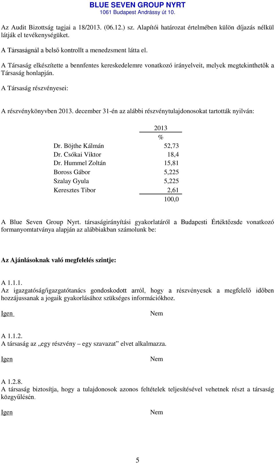 december 31-én az alábbi részvénytulajdonosokat tartották nyilván: 2013 % Dr. Böjthe Kálmán 52,73 Dr. Csókai Viktor 18,4 Dr.