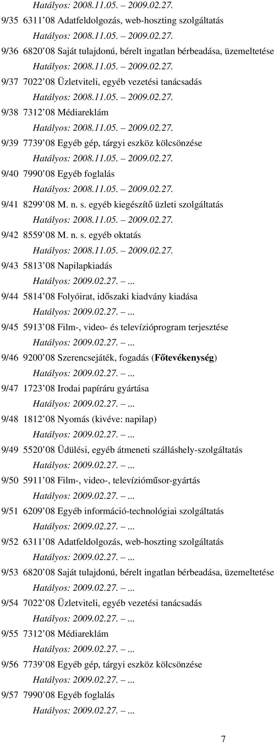 11.05. 2009.02.27. 9/40 7990 08 Egyéb foglalás Hatályos: 2008.11.05. 2009.02.27. 9/41 8299 08 M. n. s. egyéb kiegészítő üzleti szolgáltatás Hatályos: 2008.11.05. 2009.02.27. 9/42 8559 08 M. n. s. egyéb oktatás Hatályos: 2008.