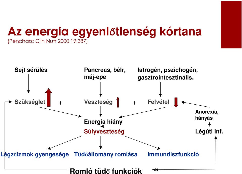 Szükséglet + Veszteség + Felvétel Energia hiány Súlyveszteség Anorexia, hányás