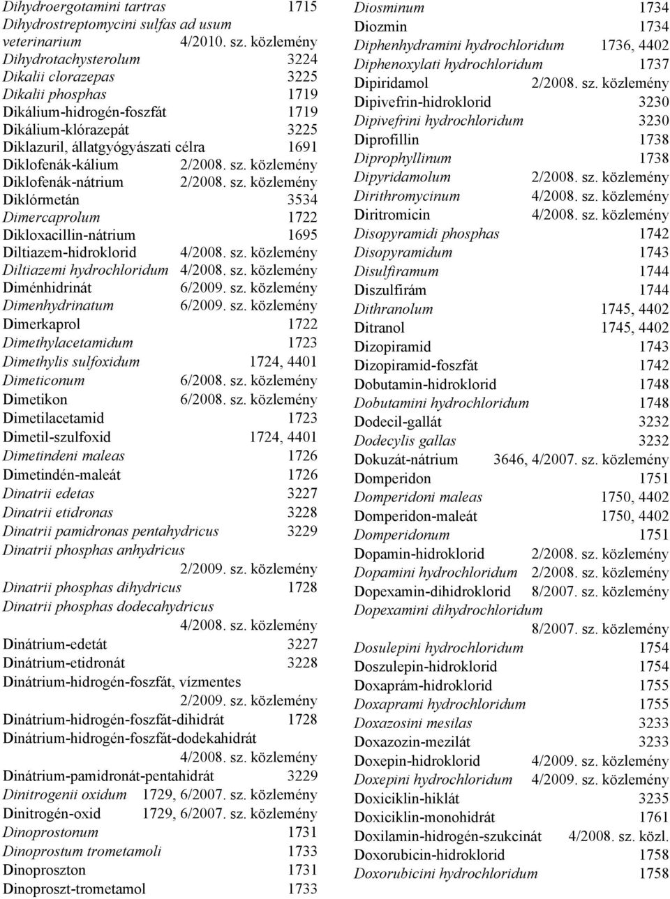 hydrochloridum Diménhidrinát Dimenhydrinatum Dimerkaprol 1722 Dimethylacetamidum 1723 Dimethylis sulfoxidum 1724, 4401 Dimeticonum Dimetikon Dimetilacetamid 1723 Dimetil-szulfoxid 1724, 4401