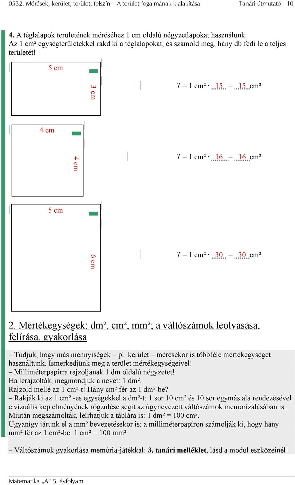 5 cm 3 cm T = 1 cm² 15 = 15 cm² 4 cm 4 cm T = 1 cm² 16 = 16 cm² 5 cm 6 cm T = 1 cm² 30 = 30 cm² 2.