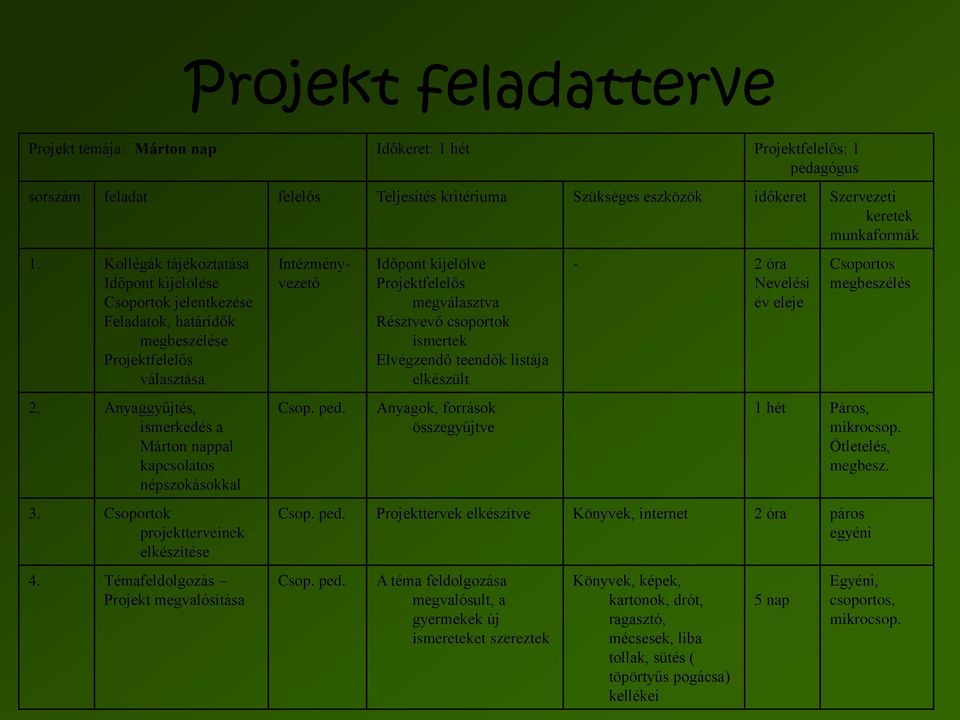 Csoportok projektterveinek elkészítése 4. Témafeldolgozás Projekt megvalósítása Intézményvezető Csop. ped.