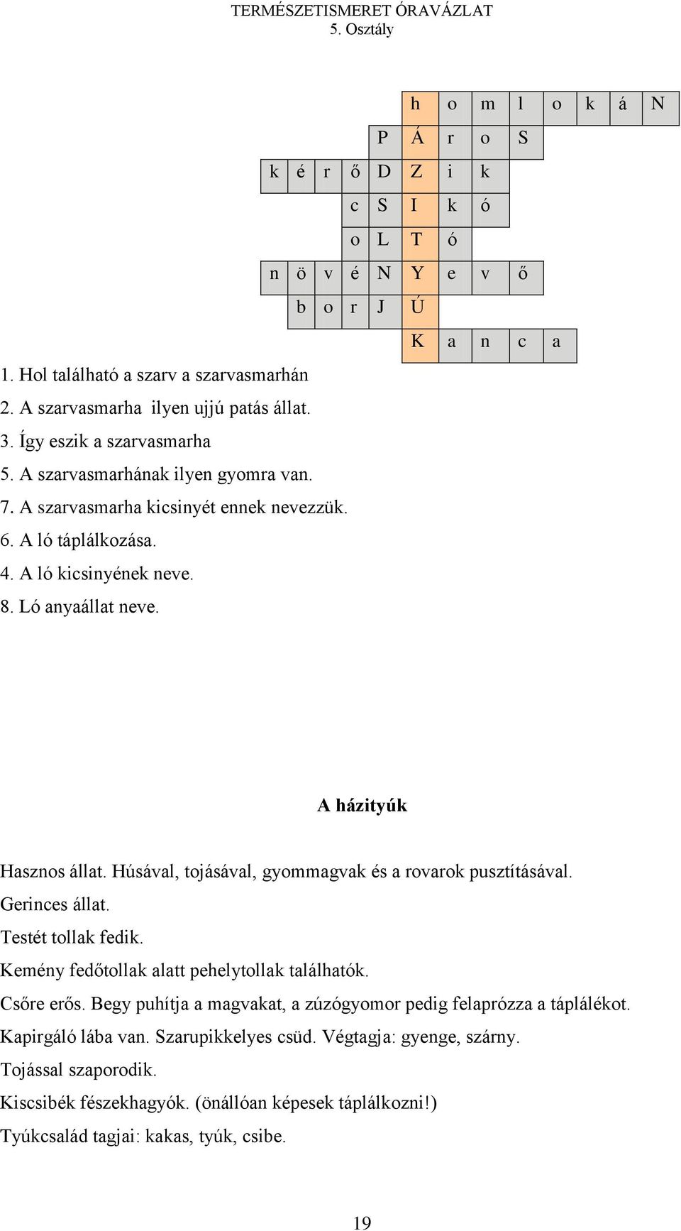 A házityúk Hasznos állat. Húsával, tojásával, gyommagvak és a rovarok pusztításával. Gerinces állat. Testét tollak fedik. Kemény fedőtollak alatt pehelytollak találhatók. Csőre erős.