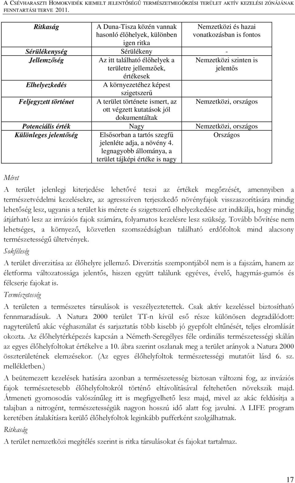 jelentős Nemzetközi, országos Potenciális érték Nagy Nemzetközi, országos Különleges jelentőség Elsősorban a tartós szegfű jelenléte adja, a növény 4.