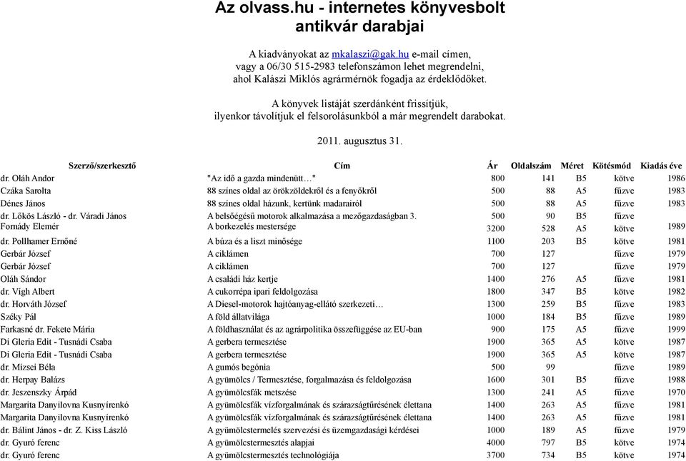 A könyvek listáját szerdánként frissítjük, ilyenkor távolítjuk el felsorolásunkból a már megrendelt darabokat. 2011. augusztus 31. Szerző/szerkesztő Cím Ár Oldalszám Méret Kötésmód Kiadás éve dr.