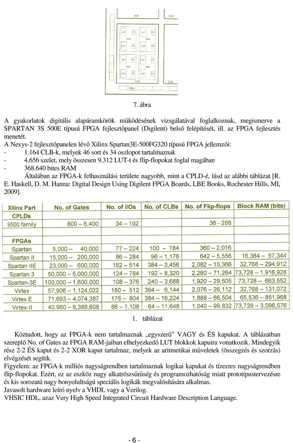 312 LUT-t és flip-flopokat foglal magában - 368.640 bites RAM Általában az FPGA-k felhasználási területe nagyobb, mint a CPLD-é, lásd az alábbi táblázat [R. E. Haskell, D. M.