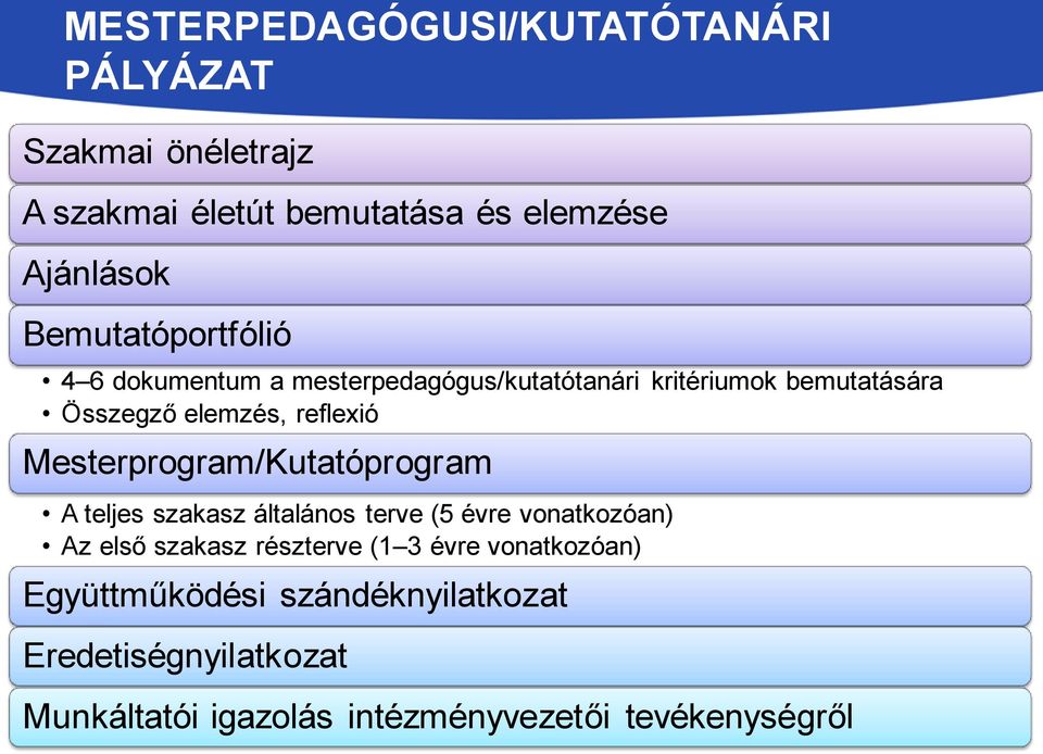 Mesterprogram/Kutatóprogram A teljes szakasz általános terve (5 évre vonatkozóan) Az első szakasz részterve (1 3