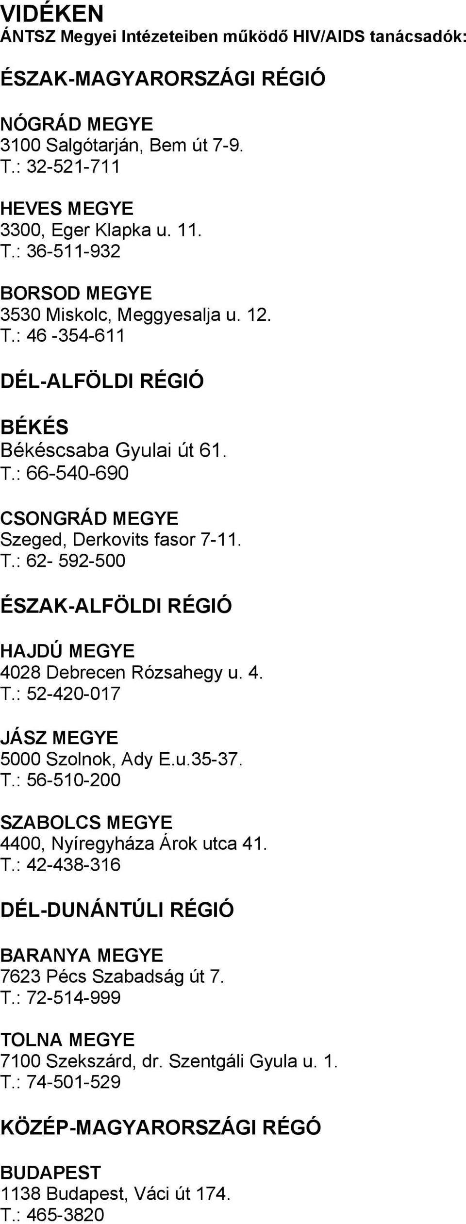 4. T.: 52-420-017 JÁSZ MEGYE 5000 Szolnok, Ady E.u.35-37. T.: 56-510-200 SZABOLCS MEGYE 4400, Nyíregyháza Árok utca 41. T.: 42-438-316 DÉL-DUNÁNTÚLI RÉGIÓ BARANYA MEGYE 7623 Pécs Szabadság út 7. T.: 72-514-999 TOLNA MEGYE 7100 Szekszárd, dr.