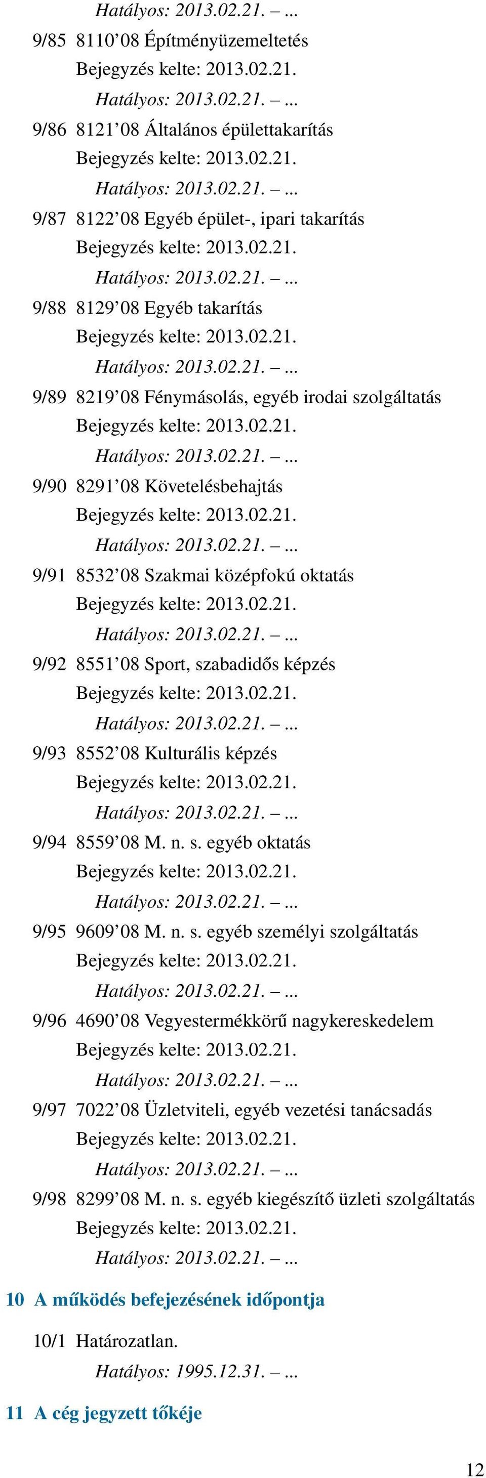 8559 08 M. n. s. egyéb oktatás 9/95 9609 08 M. n. s. egyéb személyi szolgáltatás 9/96 4690 08 Vegyestermékkörű nagykereskedelem 9/97 7022 08 Üzletviteli, egyéb vezetési tanácsadás 9/98 8299 08 M.