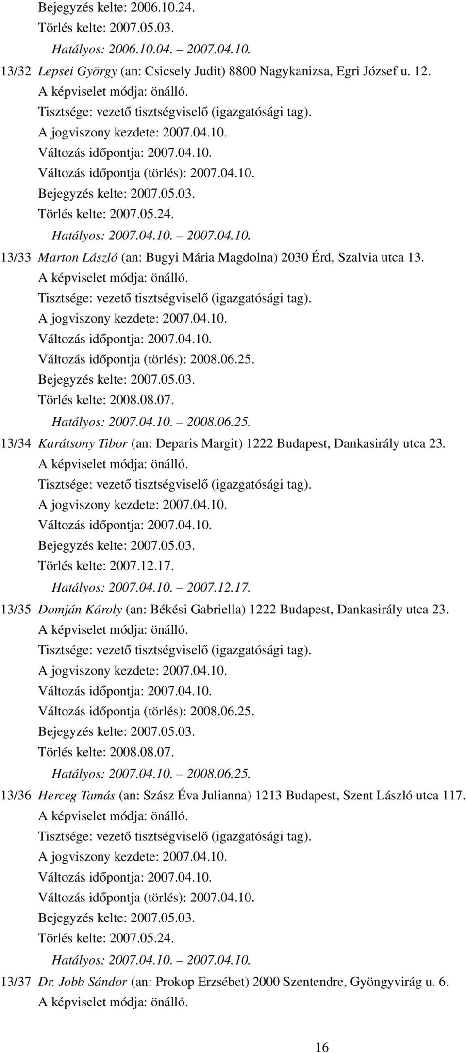 Törlés kelte: 2007.05.24. Hatályos: 2007.04.10. 2007.04.10. 13/33 Marton László (an: Bugyi Mária Magdolna) 2030 Érd, Szalvia utca 13. Tisztsége: vezető tisztségviselő (igazgatósági tag).