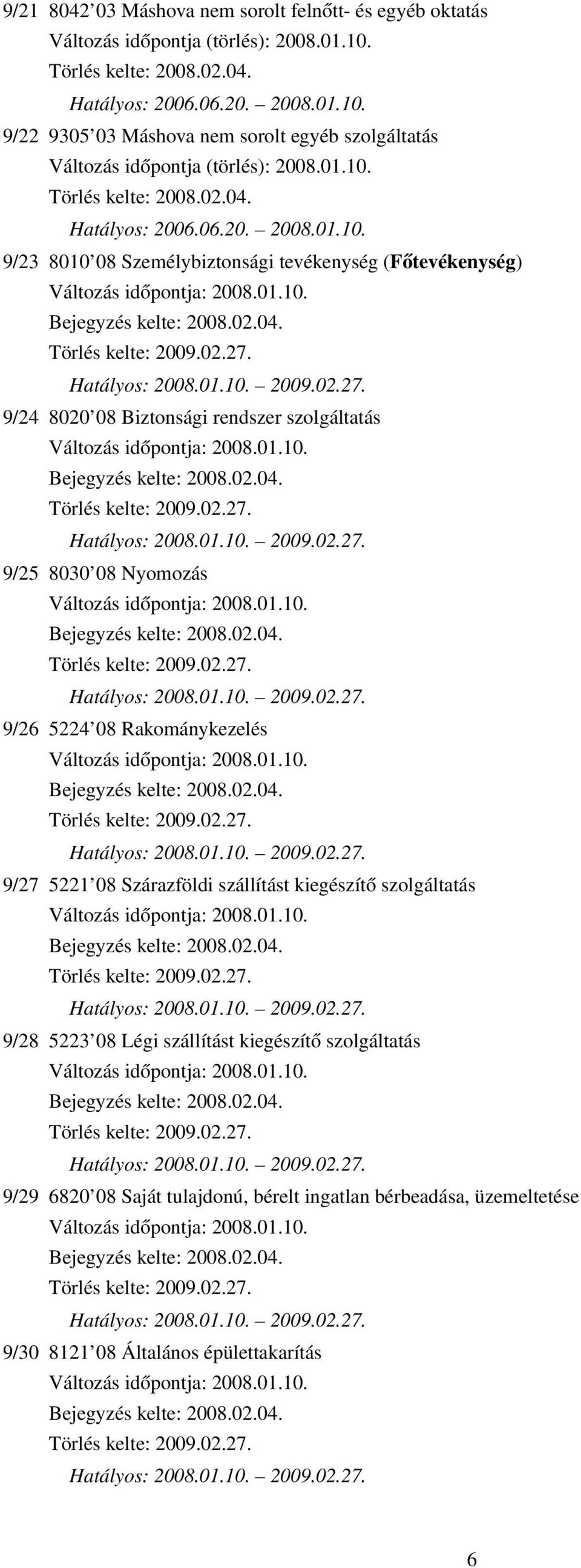 Hatályos: 2008.01.10. 2009.02.27. 9/24 8020 08 Biztonsági rendszer szolgáltatás Törlés kelte: 2009.02.27. Hatályos: 2008.01.10. 2009.02.27. 9/25 8030 08 Nyomozás Törlés kelte: 2009.02.27. Hatályos: 2008.01.10. 2009.02.27. 9/26 5224 08 Rakománykezelés Törlés kelte: 2009.