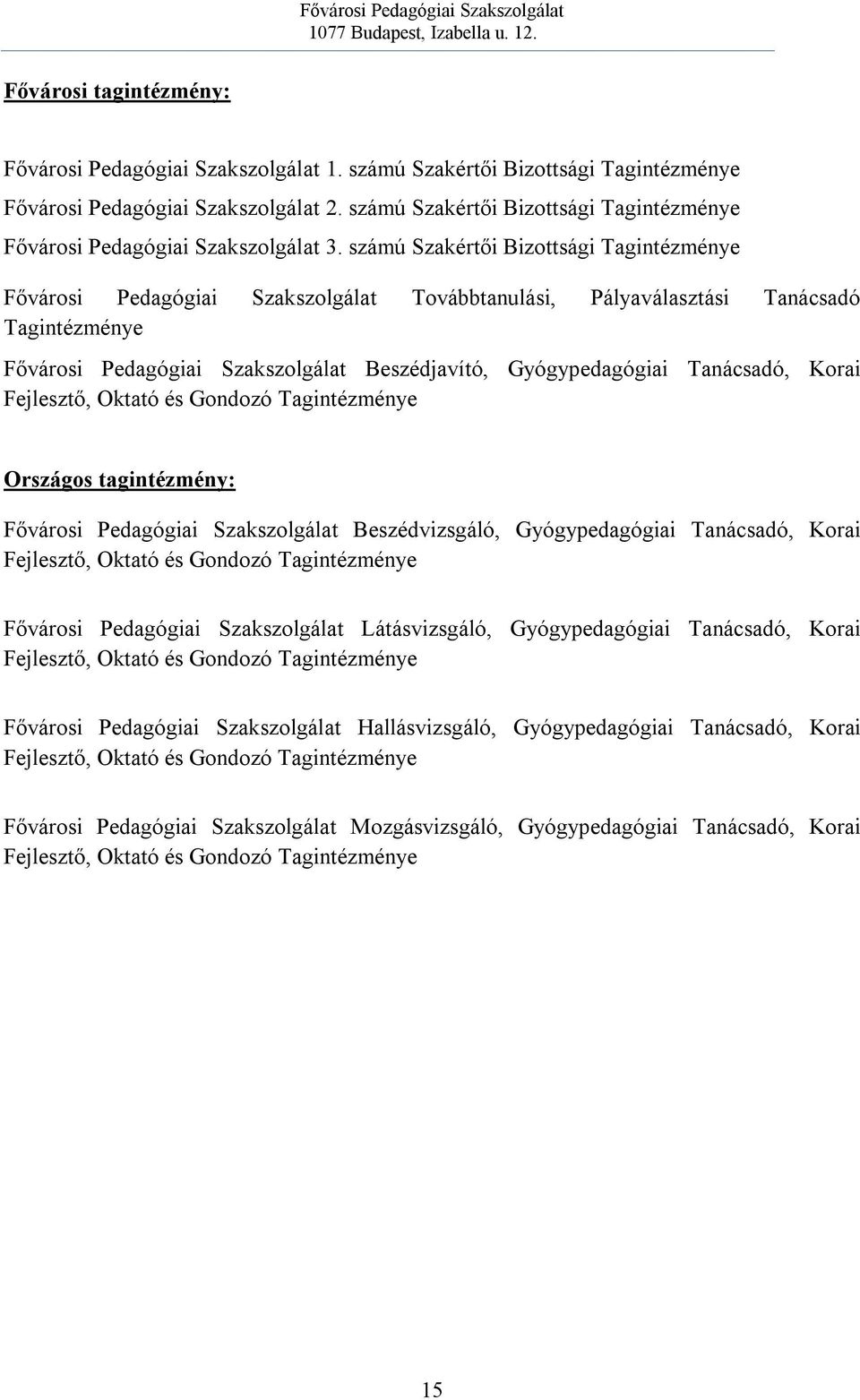 számú Szakértői Bizottsági Tagintézménye Fővárosi Pedagógiai Szakszolgálat Továbbtanulási, Pályaválasztási Tanácsadó Tagintézménye Fővárosi Pedagógiai Szakszolgálat Beszédjavító, Gyógypedagógiai