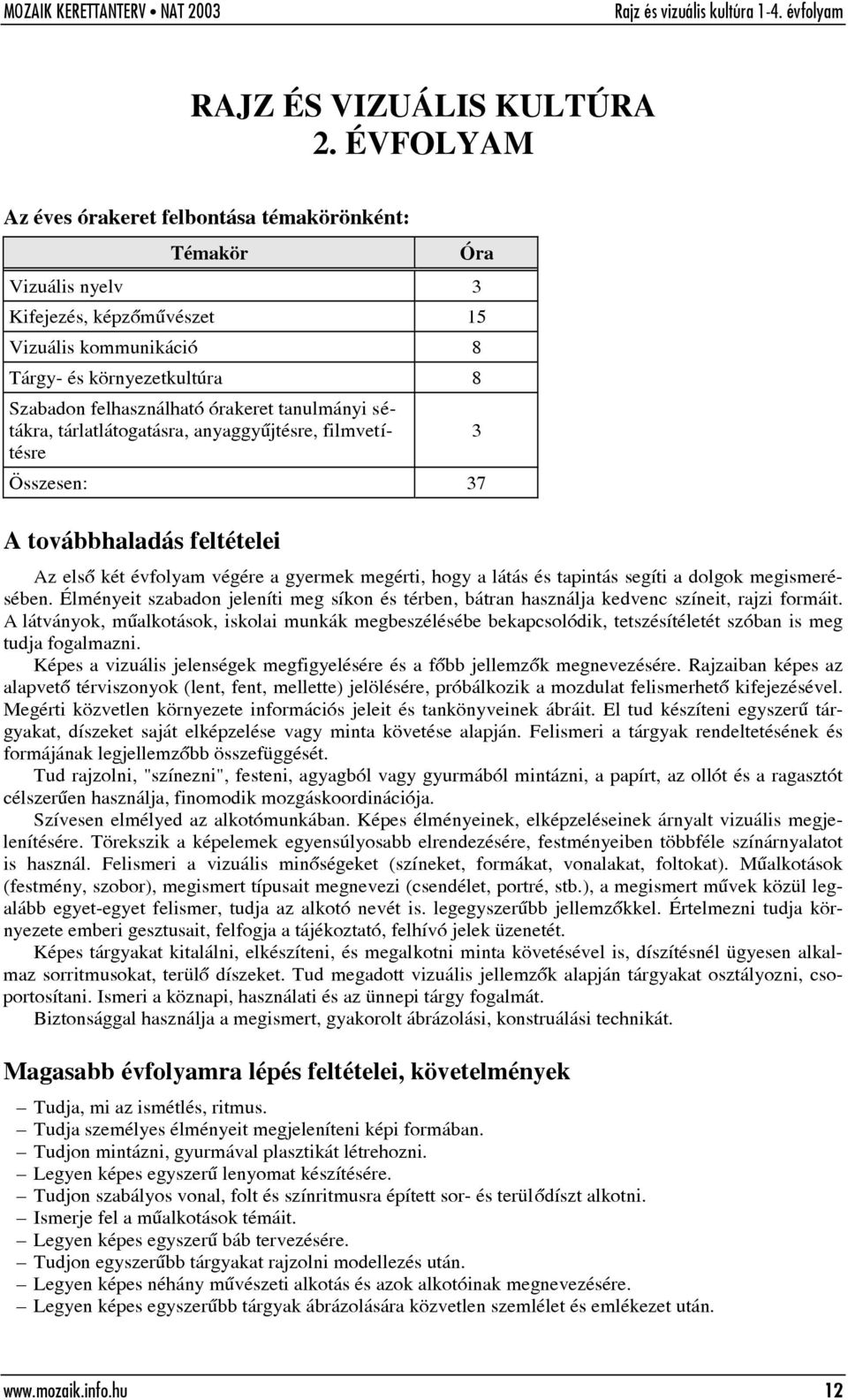 tanulmányi sétákra, tárlatlátogatásra, anyaggyûjtésre, filmvetítésre 3 Összesen: 37 A továbbhaladás feltételei Az elsõ két évfolyam végére a gyermek megérti, hogy a látás és tapintás segíti a dolgok