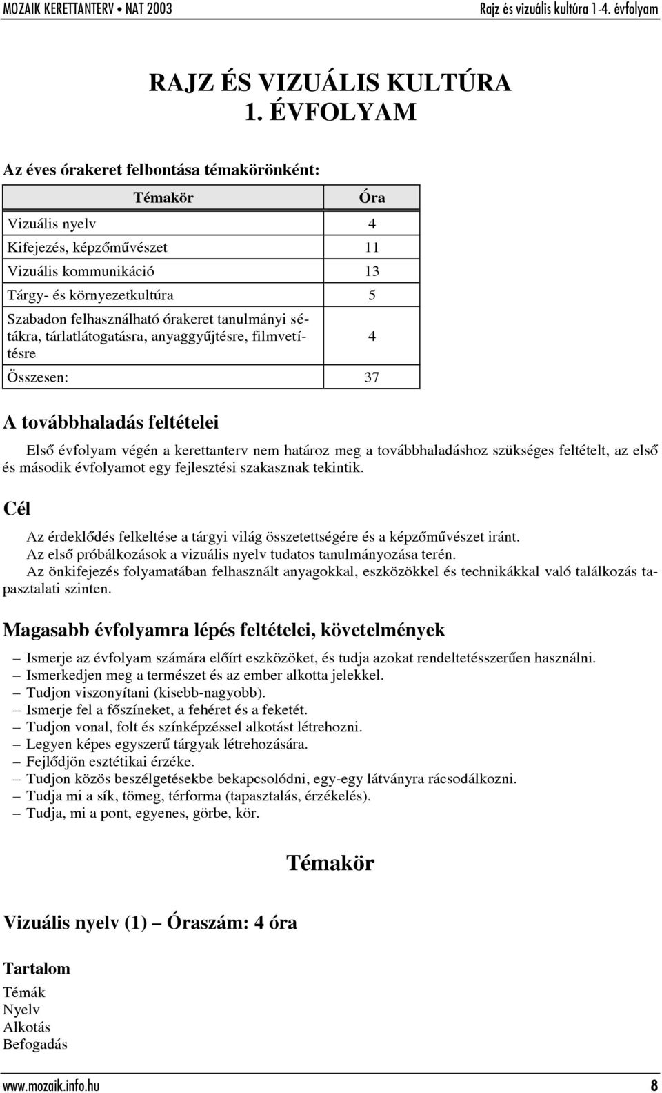 tanulmányi sétákra, tárlatlátogatásra, anyaggyûjtésre, filmvetítésre 4 Összesen: 37 A továbbhaladás feltételei Elsõ évfolyam végén a kerettanterv nem határoz meg a továbbhaladáshoz szükséges