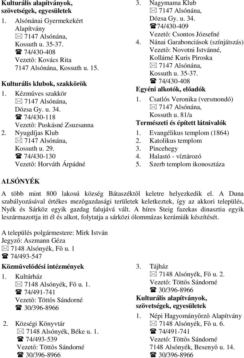 74/430-130 Vezető: Horváth Árpádné 3. Nagymama Klub 7147 Alsónána, Dózsa Gy. u. 34. 74/430-409 Vezető: Csontos Józsefné 4.