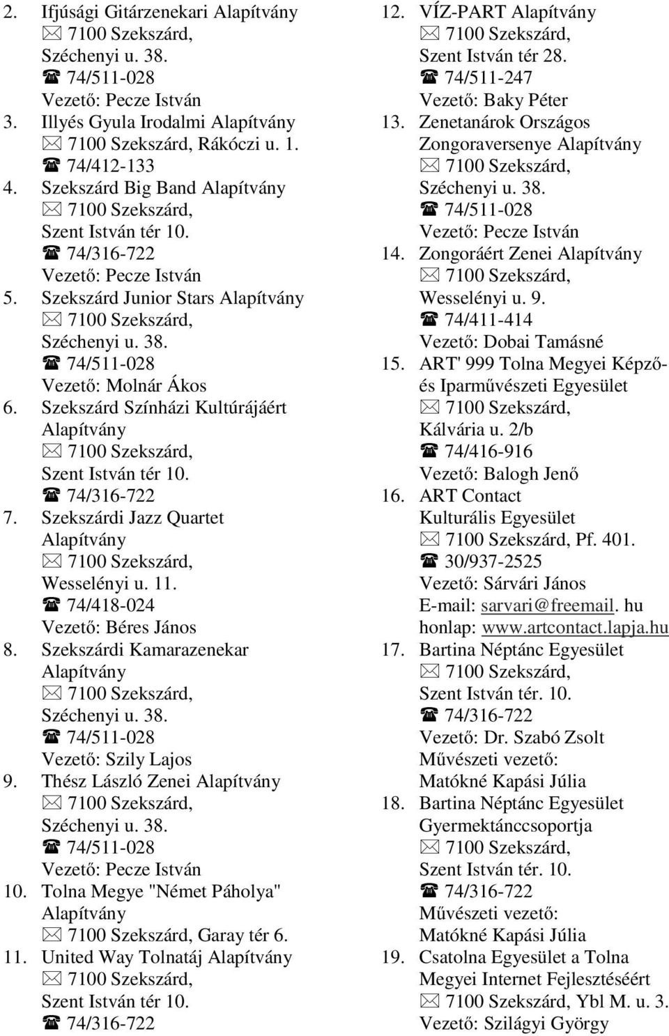 Szekszárdi Jazz Quartet Alapítvány Wesselényi u. 11. 74/418-024 Vezető: Béres János 8. Szekszárdi Kamarazenekar Alapítvány Széchenyi u. 38. 74/511-028 Vezető: Szily Lajos 9.