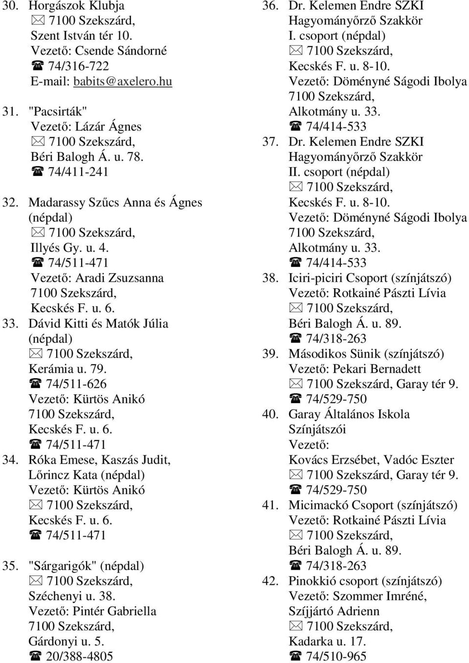 74/511-626 Vezető: Kürtös Anikó 7100 Szekszárd, Kecskés F. u. 6. 74/511-471 34. Róka Emese, Kaszás Judit, Lőrincz Kata (népdal) Vezető: Kürtös Anikó Kecskés F. u. 6. 74/511-471 35.