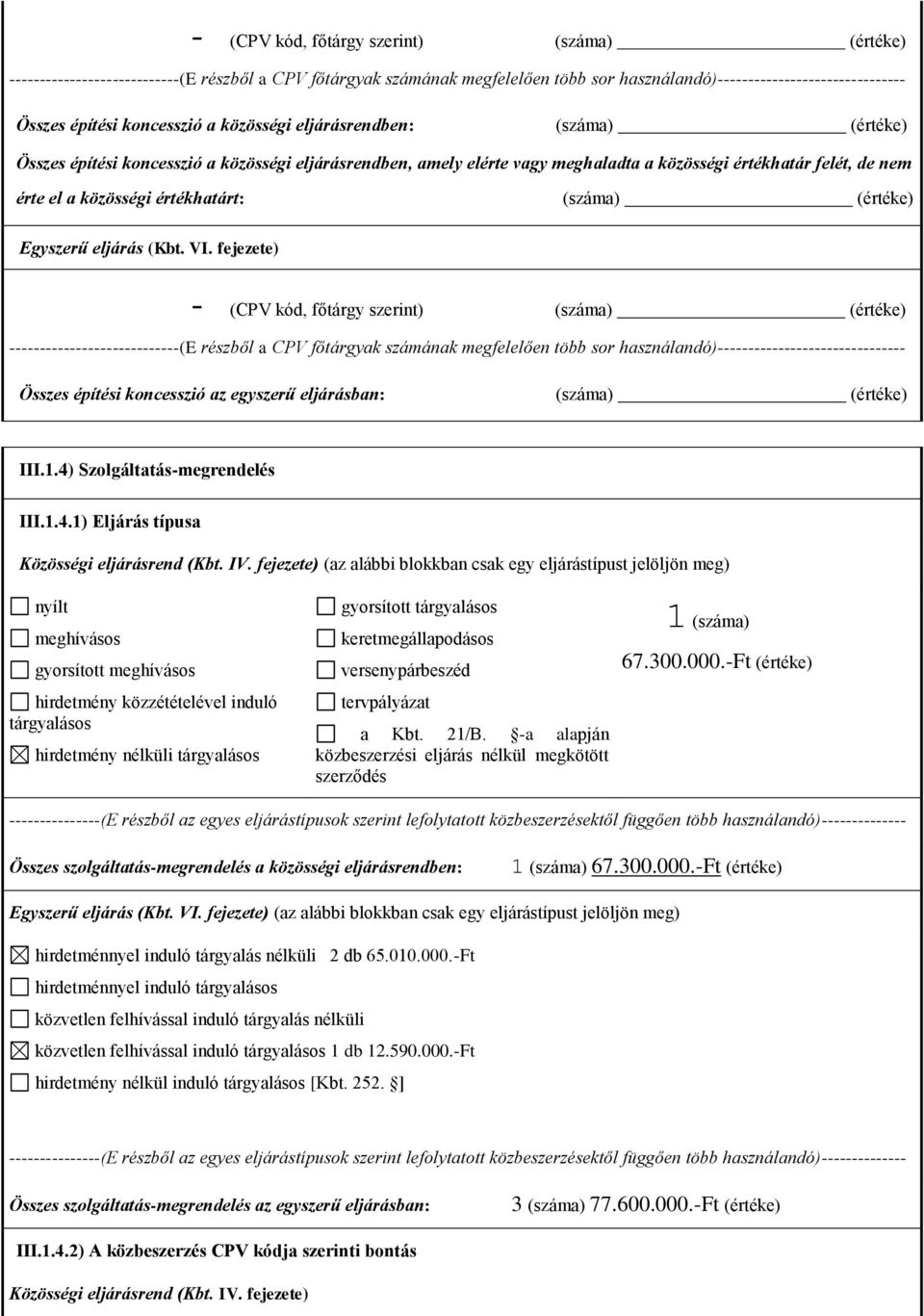fejezete) - (CPV kód, főtárgy szerint) (száma) Összes építési koncesszió az egyszerű eljárásban: (száma) III.1.4) Szolgáltatás-megrendelés III.1.4.1) Eljárás típusa Közösségi eljárásrend (Kbt. IV.