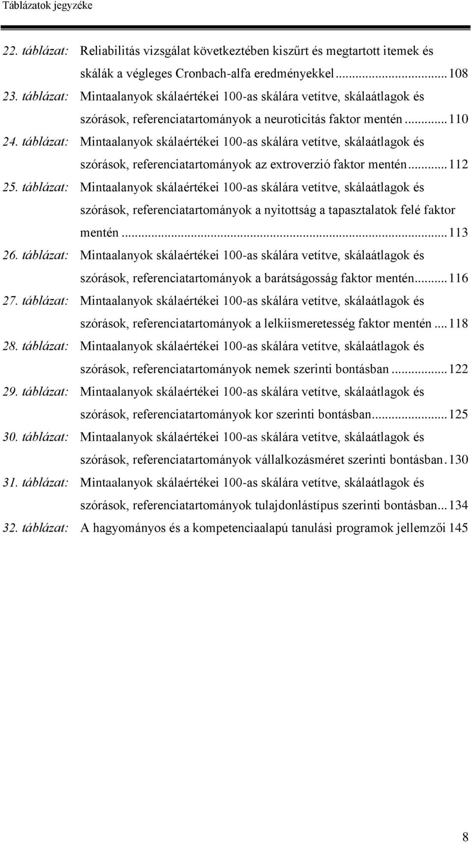 táblázat: Mintaalanyok skálaértékei 100-as skálára vetítve, skálaátlagok és szórások, referenciatartományok az extroverzió faktor mentén... 112 25.