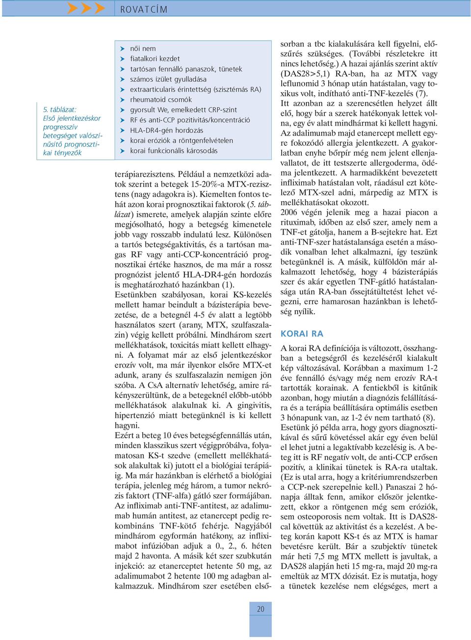 érintettség (szisztémás RA) rheumatoid csomók gyorsult We, emelkedett CRP-szint RF és anti-ccp pozitivitás/koncentráció HLA-DR4-gén hordozás korai eróziók a röntgenfelvételen korai funkcionális