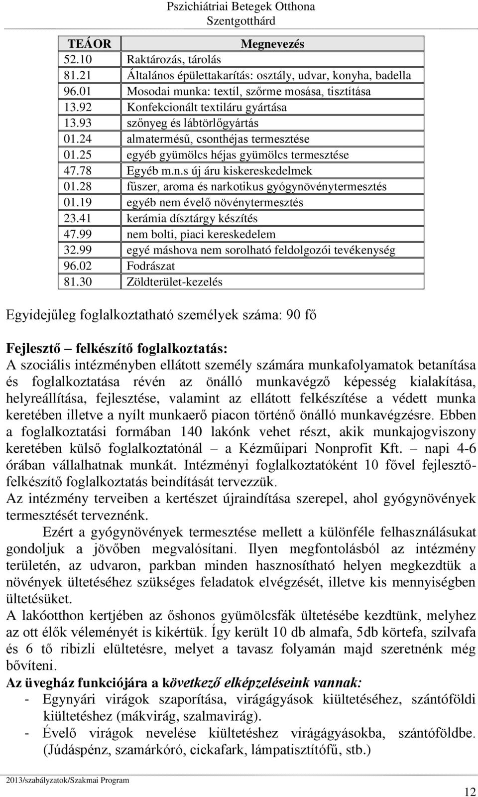 28 fűszer, aroma és narkotikus gyógynövénytermesztés 01.19 egyéb nem évelő növénytermesztés 23.41 kerámia dísztárgy készítés 47.99 nem bolti, piaci kereskedelem 32.