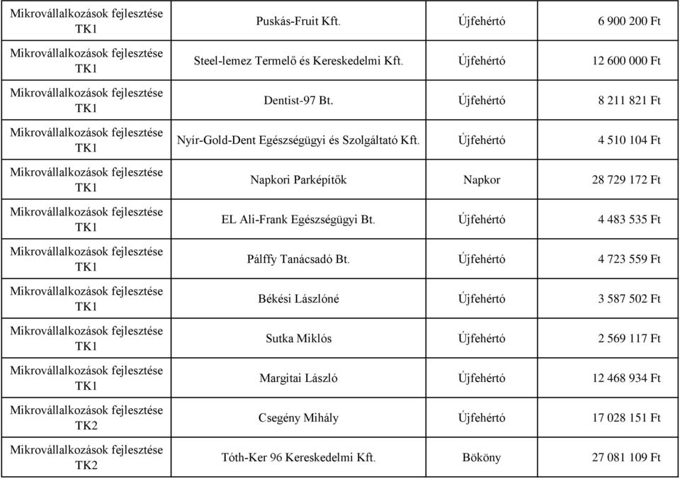 Újfehértó 4 510 104 Ft Napkori Parképítők Napkor 28 729 172 Ft EL Ali-Frank Egészségügyi Bt. Újfehértó 4 483 535 Ft Pálffy Tanácsadó Bt.