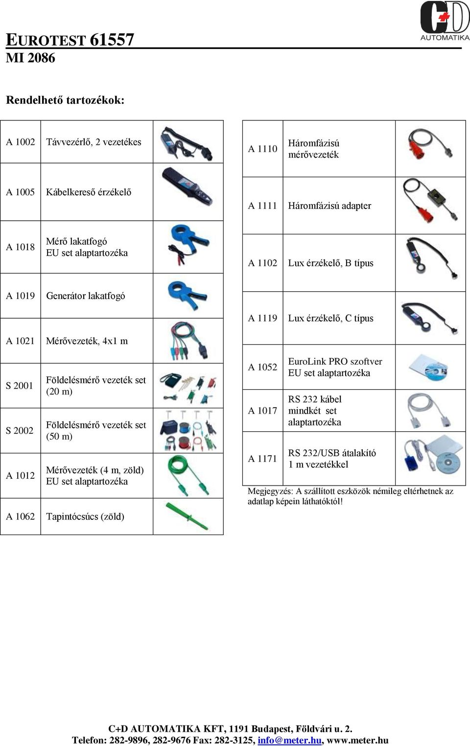 vezeték set (20 m) Földelésmérő vezeték set (50 m) Mérővezeték (4 m, zöld) EU set alaptartozéka Tapintócsúcs (zöld) A 1052 A 1017 A 1171 EuroLink PRO szoftver EU set