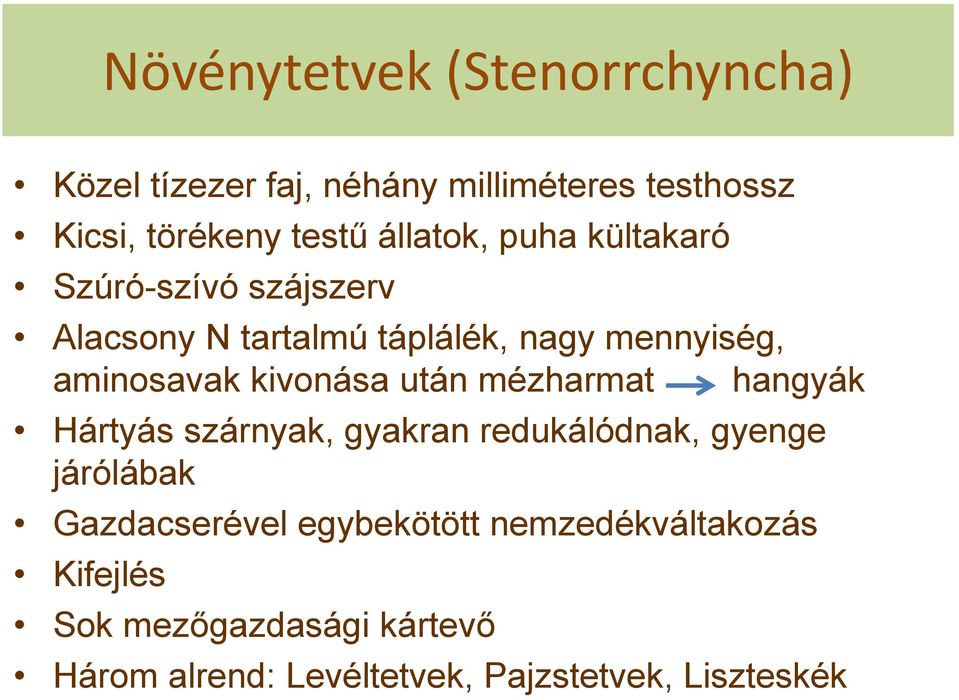 kivonása után mézharmat hangyák Hártyás szárnyak, gyakran redukálódnak, gyenge járólábak Gazdacserével