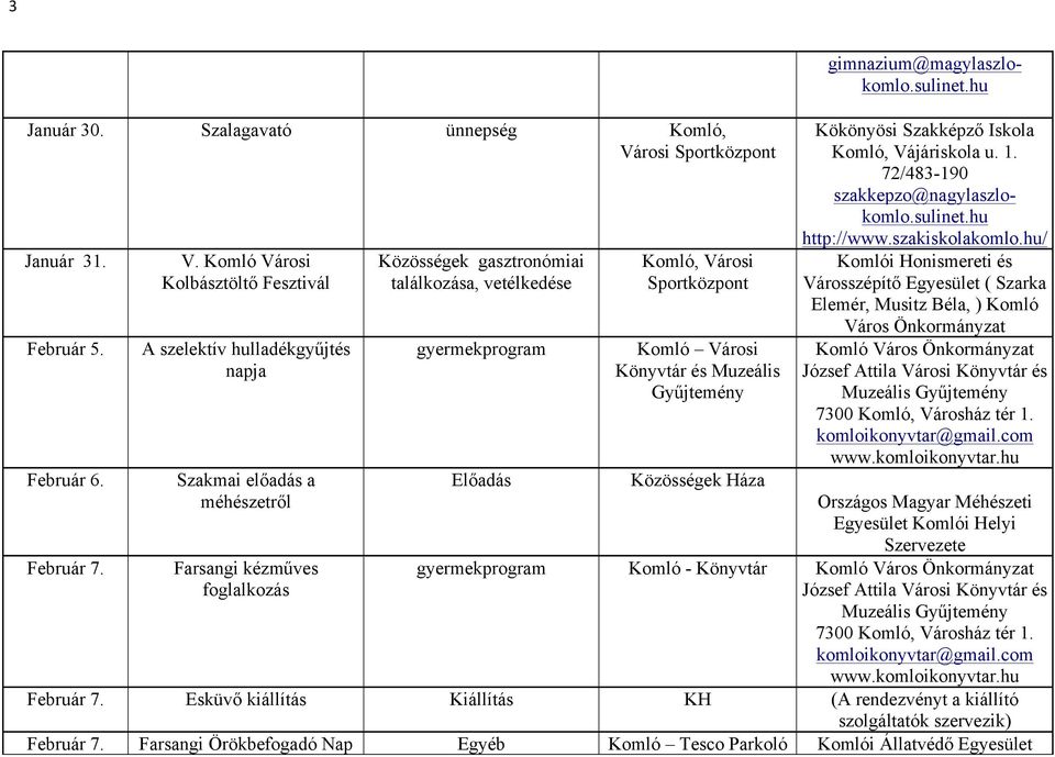 Komló Városi Kolbásztöltő Fesztivál A szelektív hulladékgyűjtés napja Szakmai előadás a méhészetről Farsangi kézműves foglalkozás Közösségek gasztronómiai találkozása, vetélkedése gyermekprogram