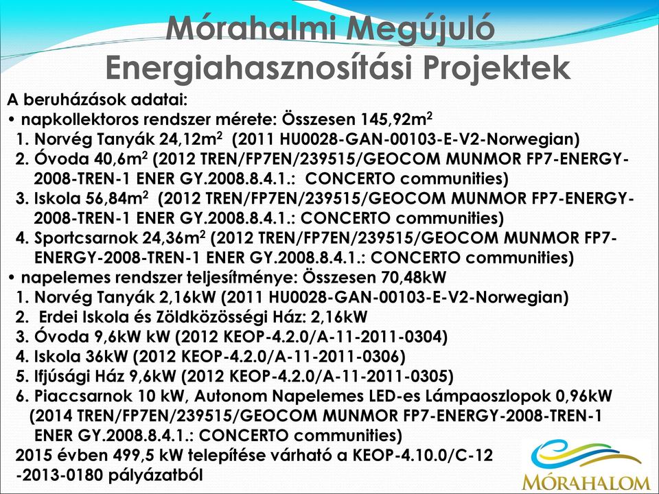Iskola 56,84m 2 (2012 TREN/FP7EN/239515/GEOCOM MUNMOR FP7-ENERGY- 2008-TREN-1 ENER GY.2008.8.4.1.: CONCERTO communities) 4.